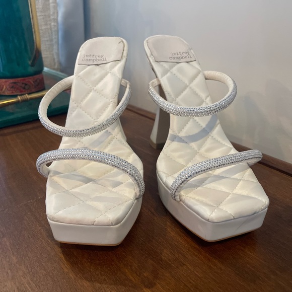 Jeffrey Campbell “Movie” Platform Mule in Satin White and Rhinestones - Picture 6 of 9